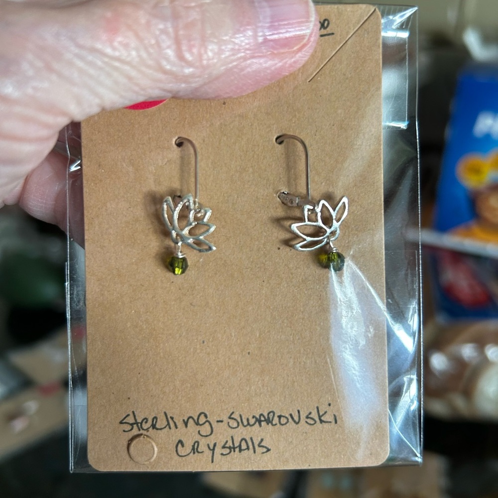 Swarovski Lotus Earrings - Silver and Olive